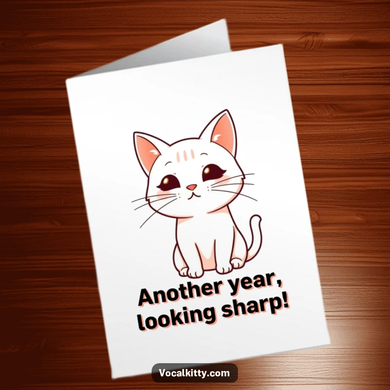 Funny Free Printable Birthday Card: Simplified cat profile with dynamically drawn whiskers, looking stylish.