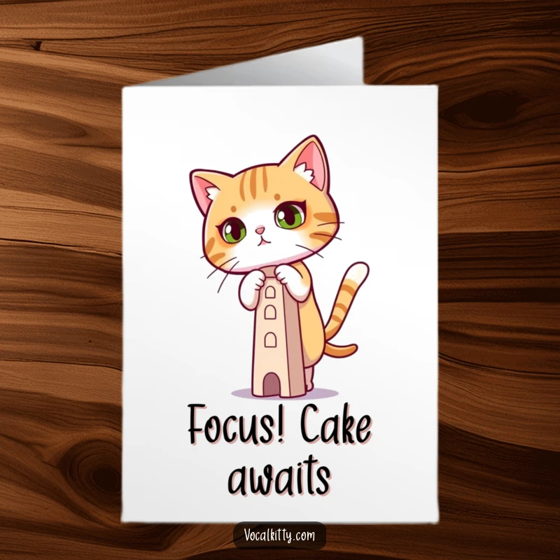 Funny Free Printable Birthday Card: A cat intensely concentrating while balancing a precarious tower of blocks.