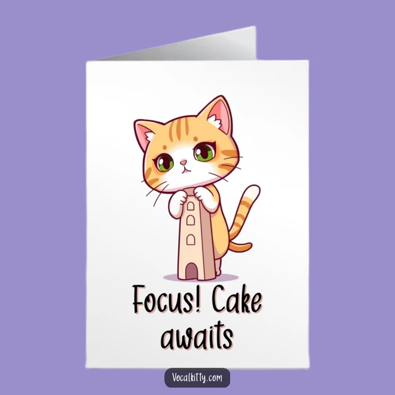 Free Printable Birthday Card: Focused Cat Tower, Funny Downloadable Gift
