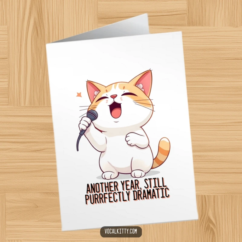 Funny Free Printable Birthday Card featuring a dramatic cat belting out a song with one paw on its chest.