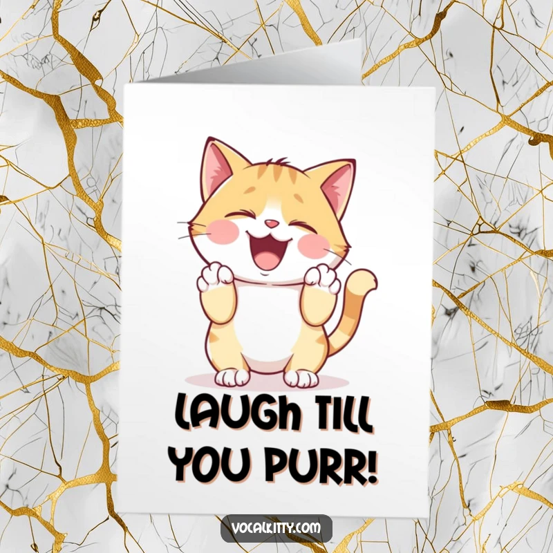 Funny Free Printable Birthday Card: Cat giggling heartily, clutching its sides with paws, in a fit of laughter.
