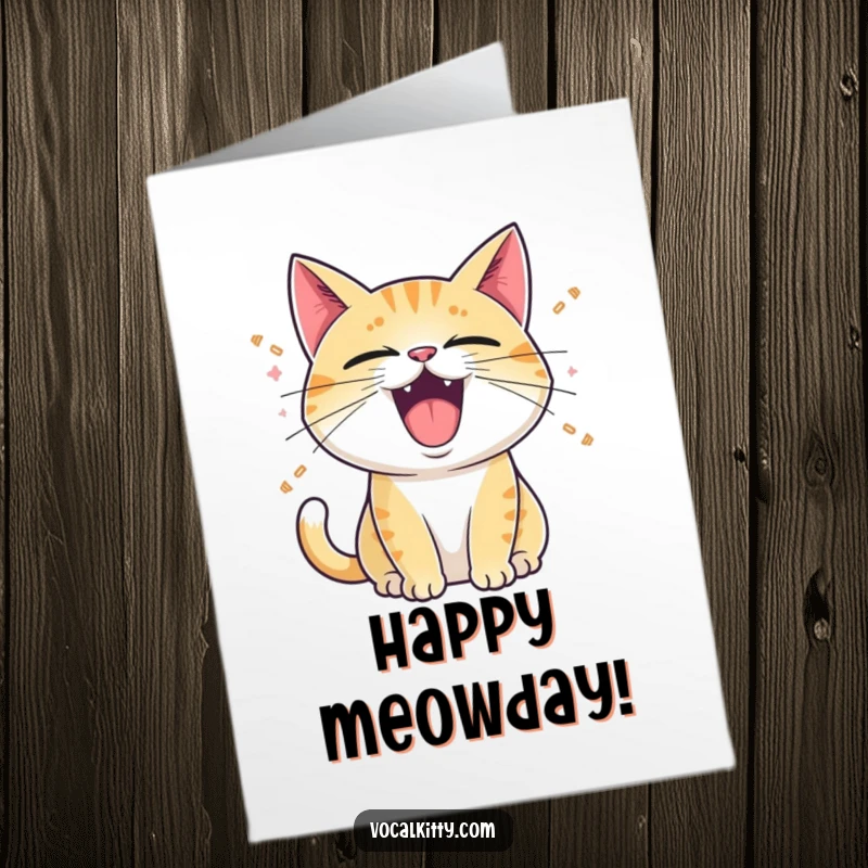 Funny Free Printable Birthday Card: Cat with mouth wide open, emitting cartoon sound waves, meowing loudly.