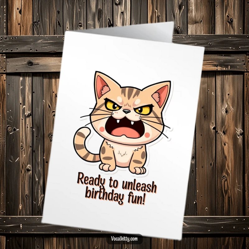 Funny Free Printable Birthday Card: Cat character looking determined, mouth open wide, about to unleash a loud, comical sound.