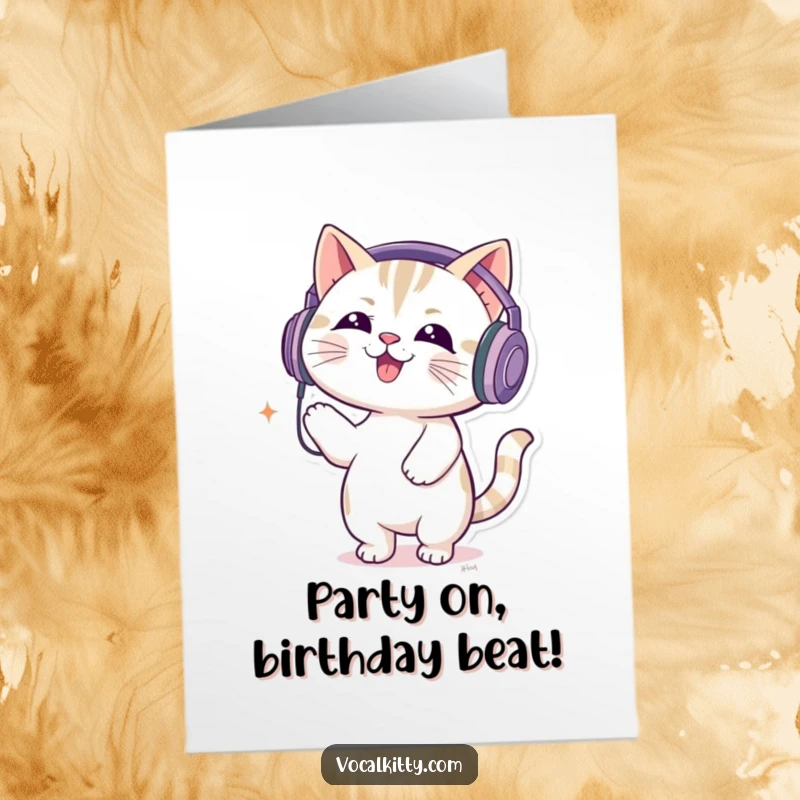Funny Free Printable Birthday Card with a cat wearing oversized headphones, joyfully bouncing to the beat of loud music.