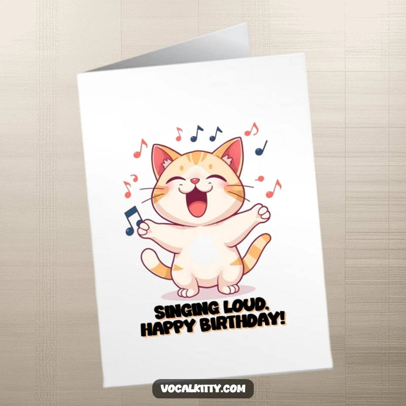 Funny Free Printable Birthday Card: A cat belting out a loud, joyful song with musical notes swirling around.