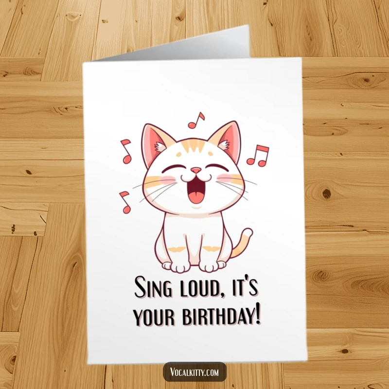 Funny Free Printable Birthday Card of a cat belting out a song with its mouth wide open, musical notes swirling.