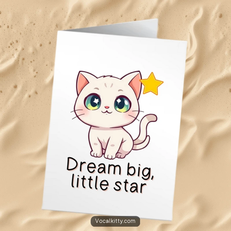 Funny Free Printable Birthday Card: A wide-eyed cat chasing a glittering star, symbolizing birthday dreams coming true.