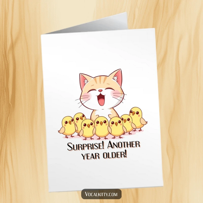Funny Free Printable Birthday Card: Cat character loudly meowing, startling tiny wide-eyed birds in a comical, chaotic scene.
