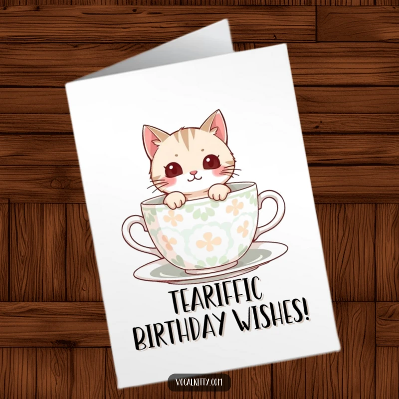 Funny Free Printable Birthday Card: A cat peeks curiously from inside a giant, beautifully patterned teacup.