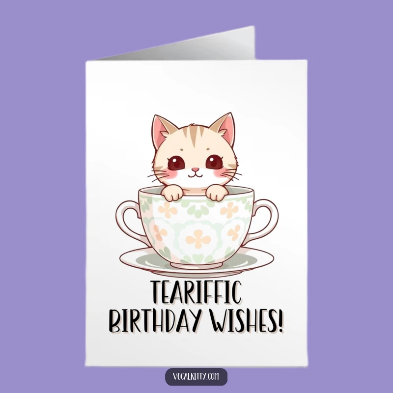 Free Printable Birthday Card: Teacup Cat Surprise, Funny Downloadable Gift