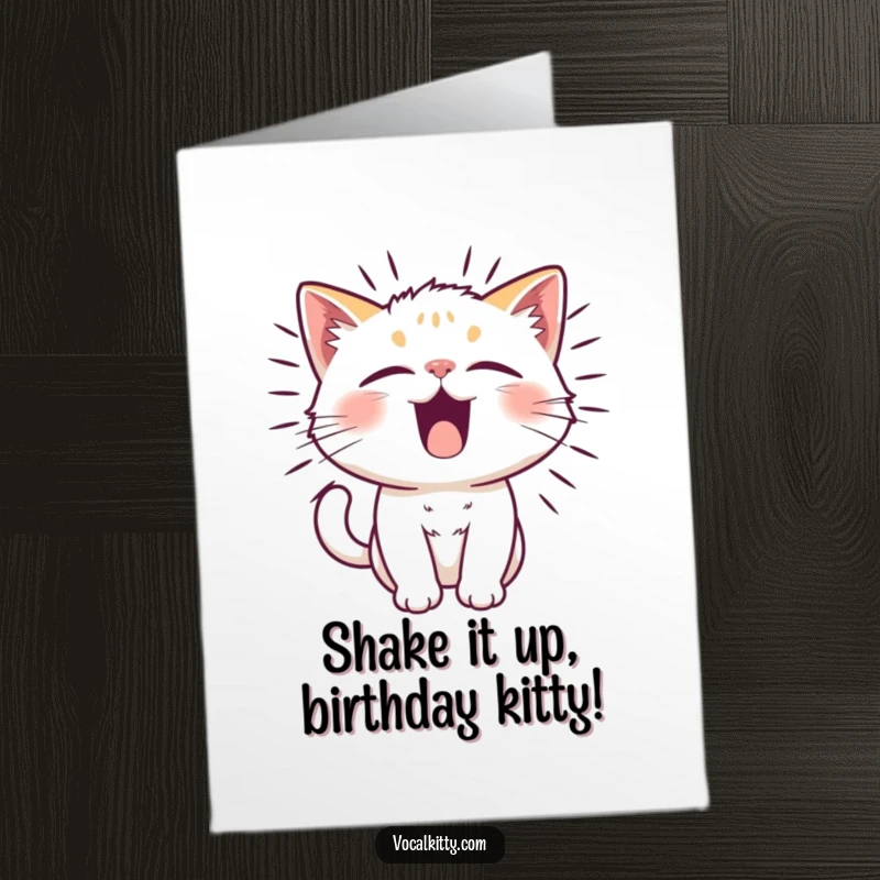 Funny Free Printable Birthday Card: Cat character's fur vibrating intensely from a powerful, comical sound emanating from within.