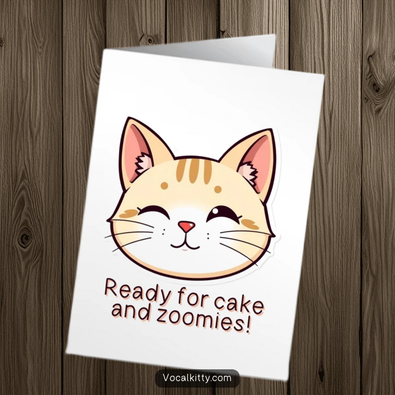 Funny Free Printable Birthday Card: Stylized cat head with perked ears and vibrating whiskers, full of anticipation.