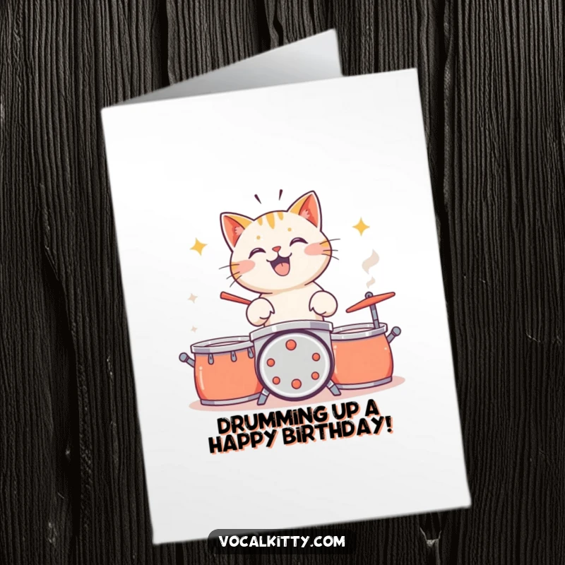 Funny Free Printable birthday card showing a cat enthusiastically drumming on pots and pans, creating a joyful and noisy celebration.