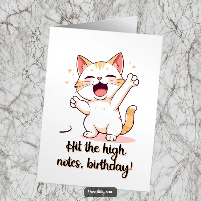 Free Printable Birthday Card: A cat character in a dramatic singing pose, microphone in paw, ready for a show, digital download.
