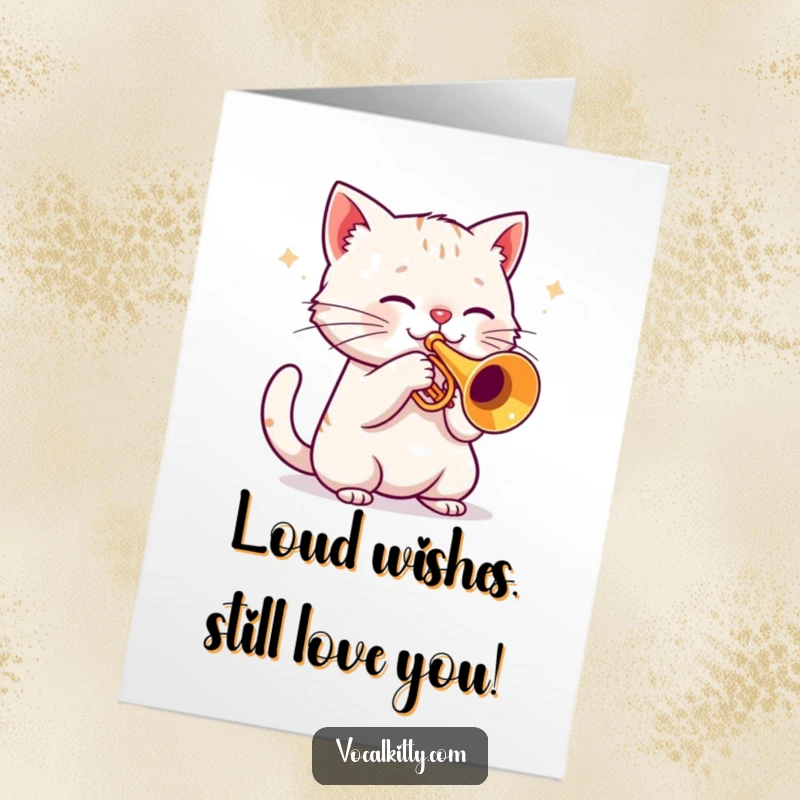 Funny Free Printable birthday card featuring a cat playing a trumpet incredibly loud, musical notes everywhere, making a big joyful noise.