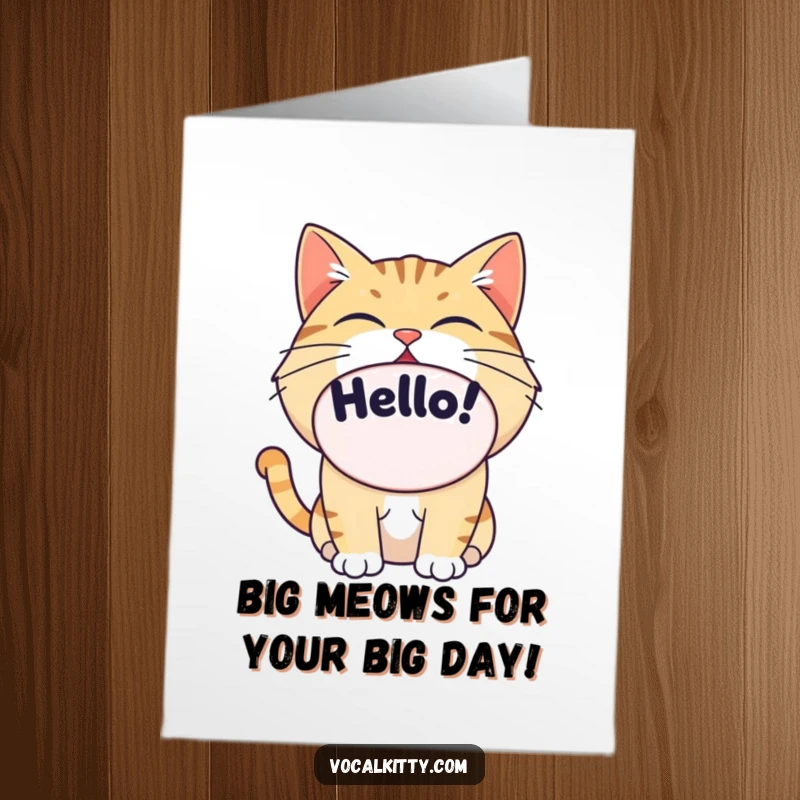 Funny Free Printable birthday card showing a cat yelling 'Hello!' with its mouth wide open in a gigantic oval shape, full of excitement.