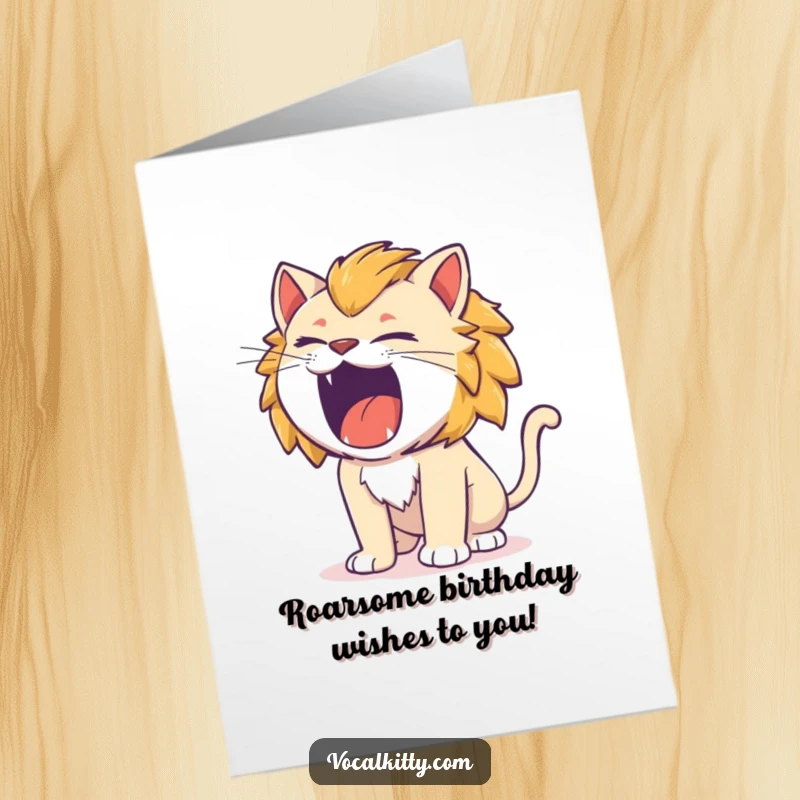 Funny Free Printable birthday card of a cat roaring with the comical intensity of a tiny lion, expressing fierce birthday joy.
