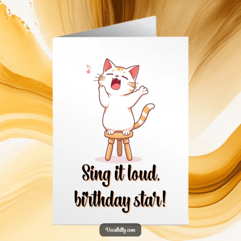 Funny Free Printable Birthday Card: A cat standing on a stool, belting out a song with eyes closed and full musical gusto.