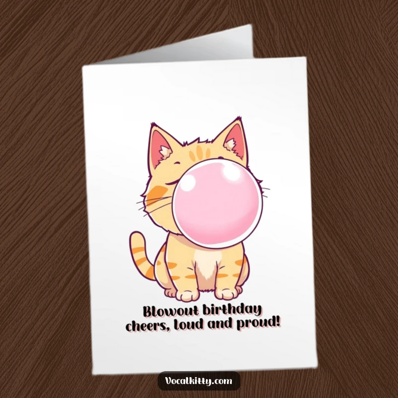 Funny free printable birthday card: A mischievous cat comically blowing a massive, noisy bubble gum bubble, ready to burst.