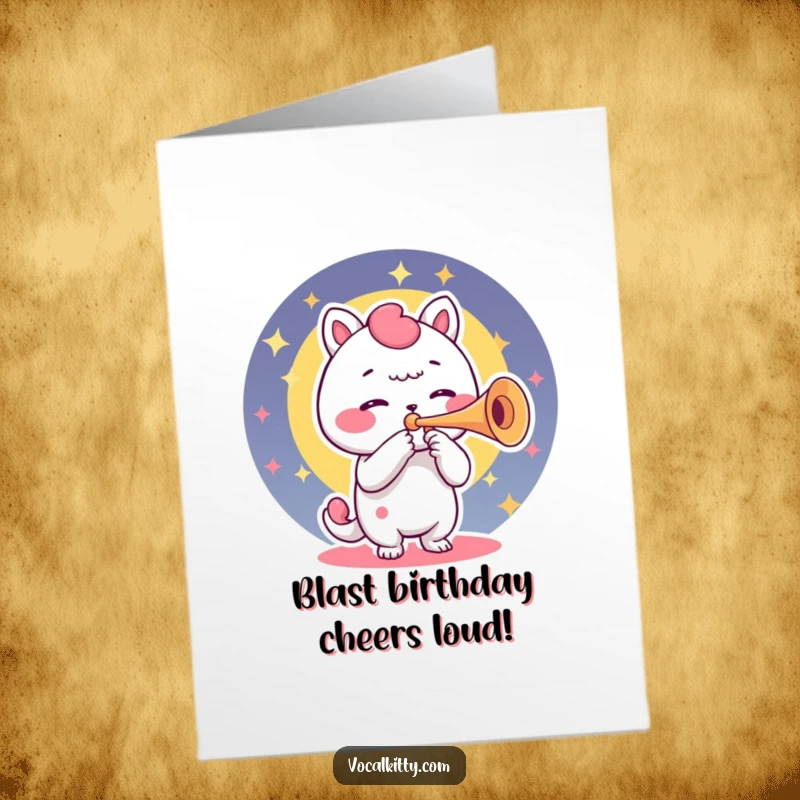 Funny Free Printable Birthday Card: Character plays vibrant sound from its voice box, used like a trumpet.