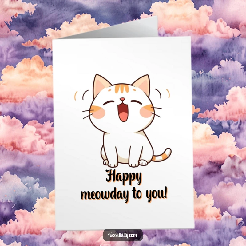 Funny Free Printable Birthday Card: Simplified cat shouting loudly with visible sound waves. A vocal downloadable gift.