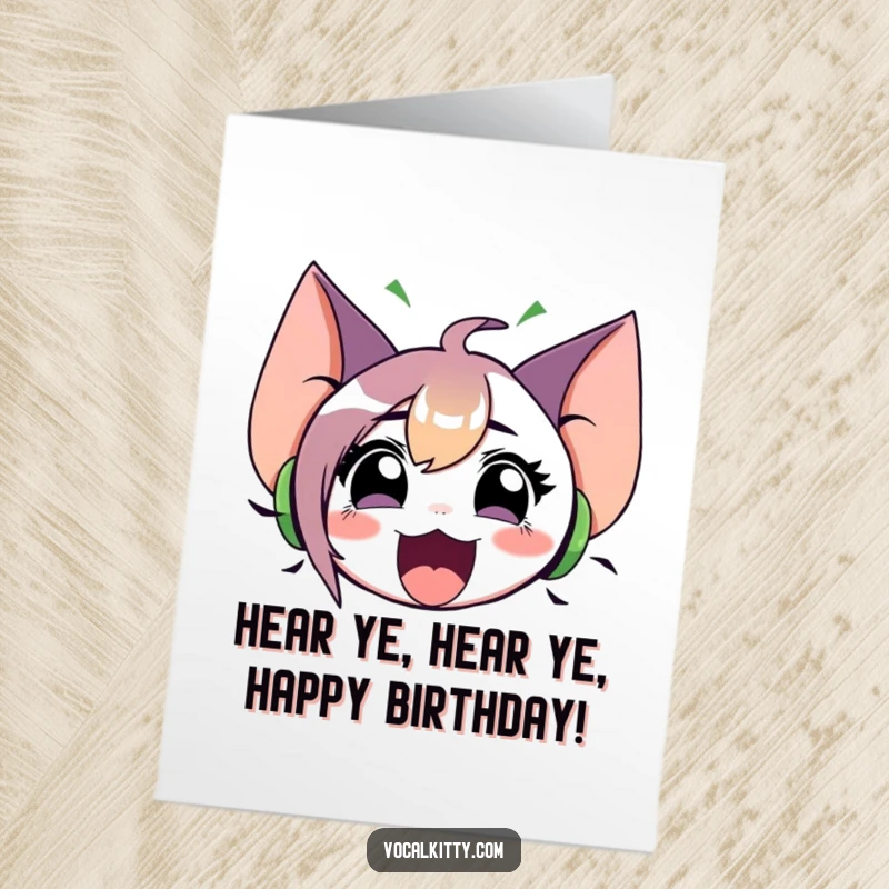 Funny Free Printable Birthday Card: Character with huge ears emits sound waves, mouth wide open, celebrating loudly. Downloadable gift.