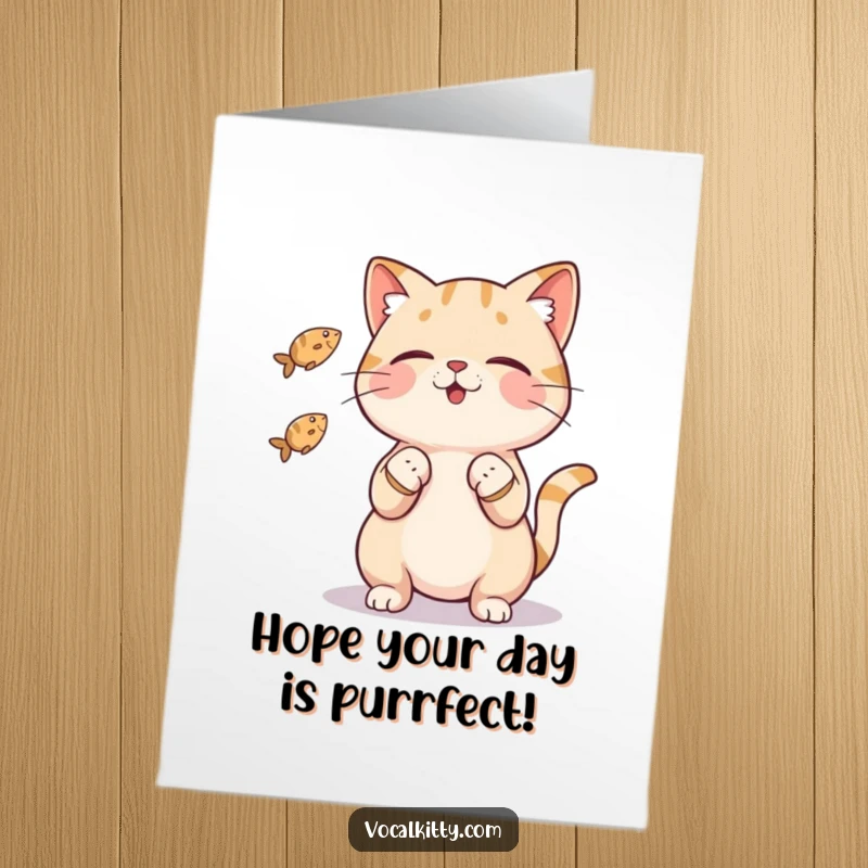Funny Free Printable Birthday Card featuring a cat expertly juggling three small fish, a delightful and humorous birthday wish.