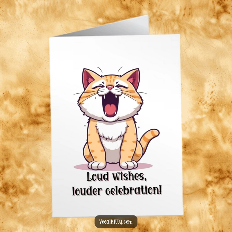 Funny Free Printable Birthday Card: A fluffy cat with chest puffed out, mid-roar, radiating pure birthday joy and volume.