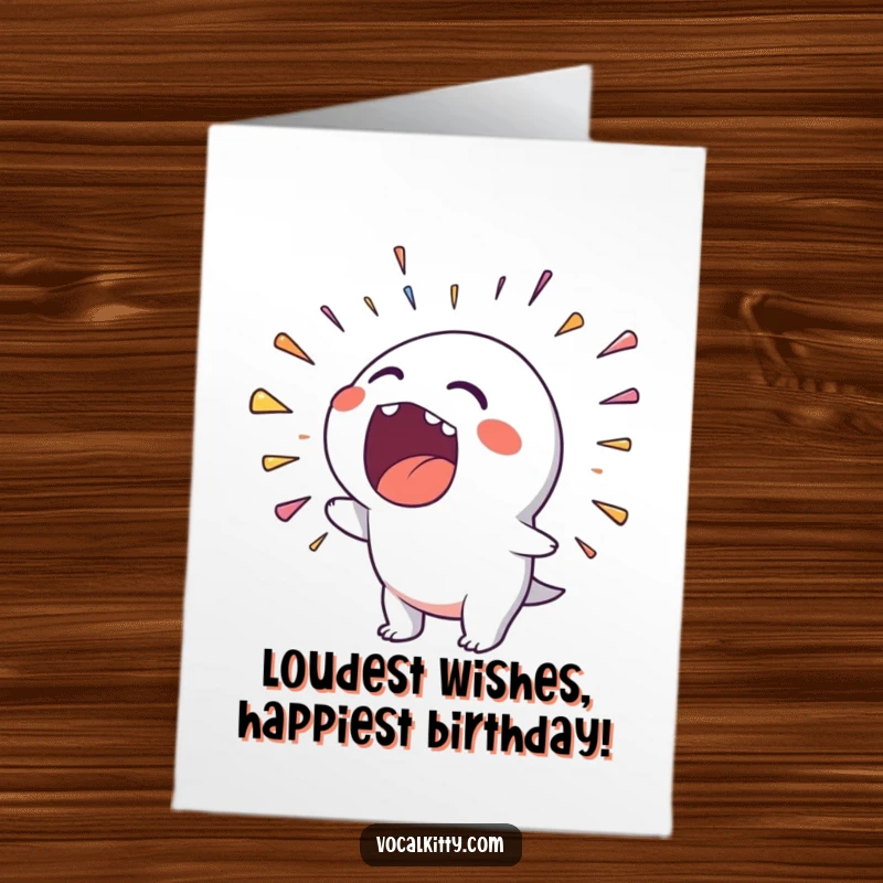 Funny Free Printable Birthday Card featuring a character spewing a rainbow of noise from its wide-open mouth.