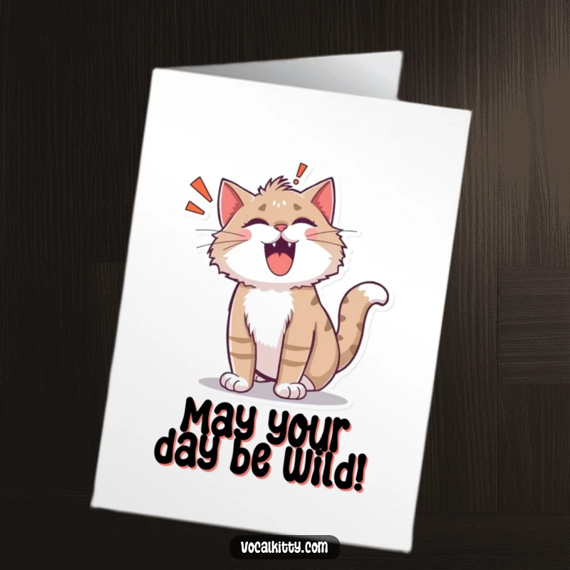 Funny Free Printable Birthday Card: A cat with fur on end, emitting a cartoonish ROAR!, looking comically startled and festive.