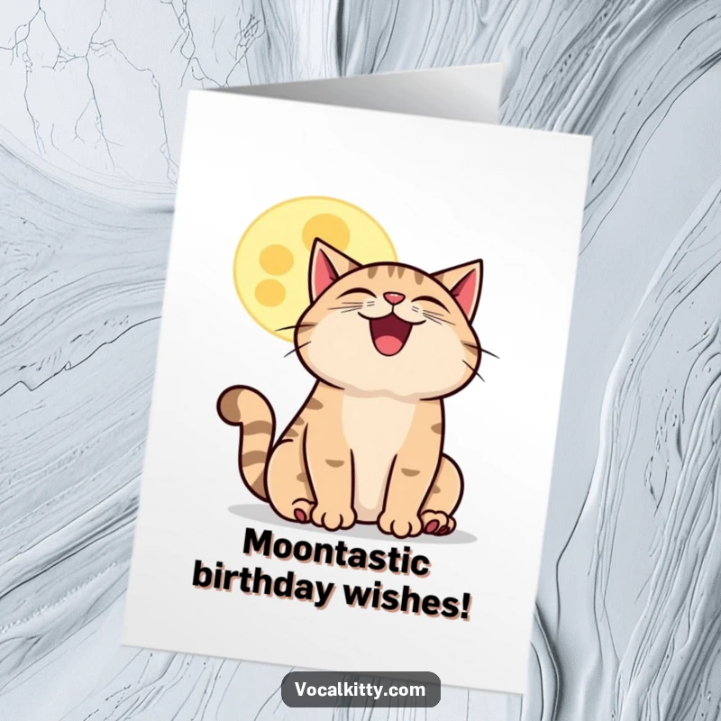 Funny Free Printable Birthday Card: A grinning cat howls gleefully at a whimsical cartoon moon under the night sky.