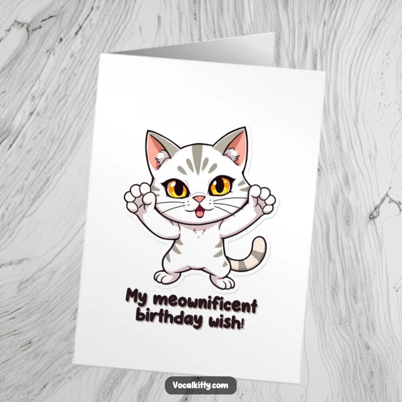 Funny Free Printable Birthday Card: A dramatic cat striking an attention-grabbing pose, ready to belt out a birthday wish loudly.