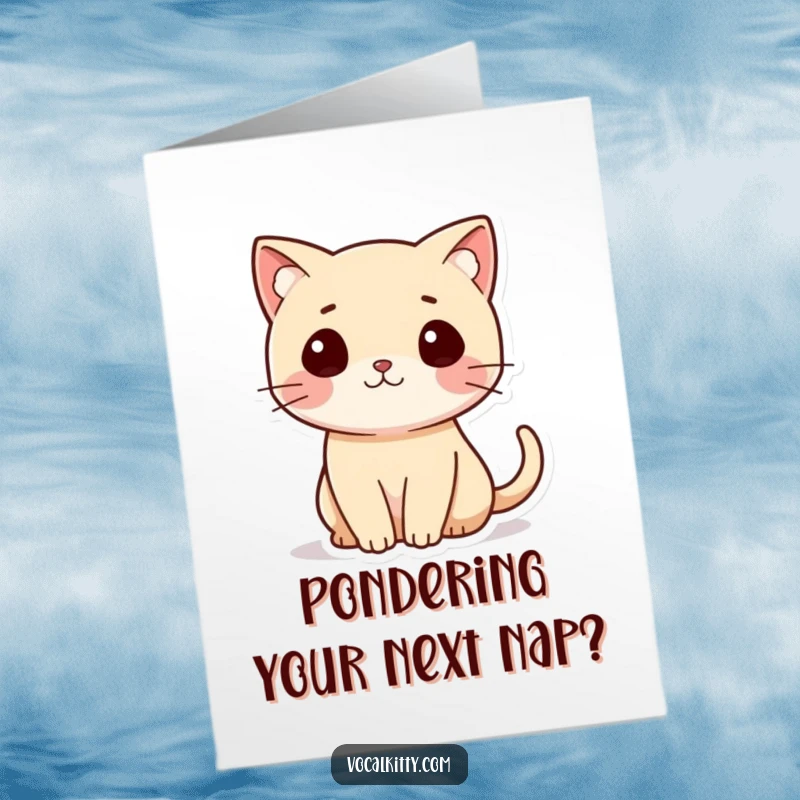 Funny Free Printable Birthday Card: A small cat with its tail curled like a question mark, wondering about your gift.