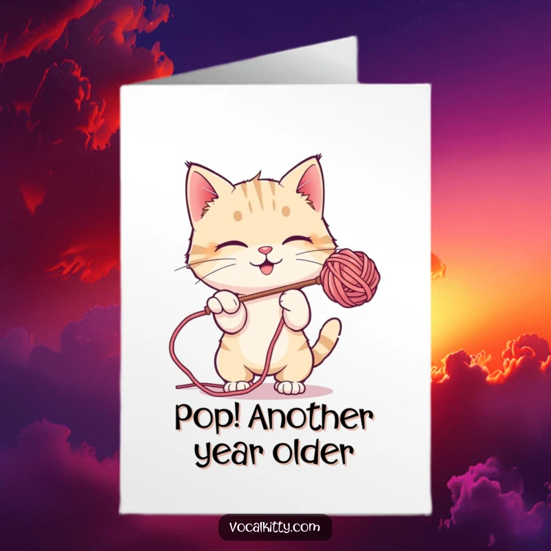 Funny Free Printable Birthday Card: A happy cat playfully batting at a large, iridescent soap bubble floating by.