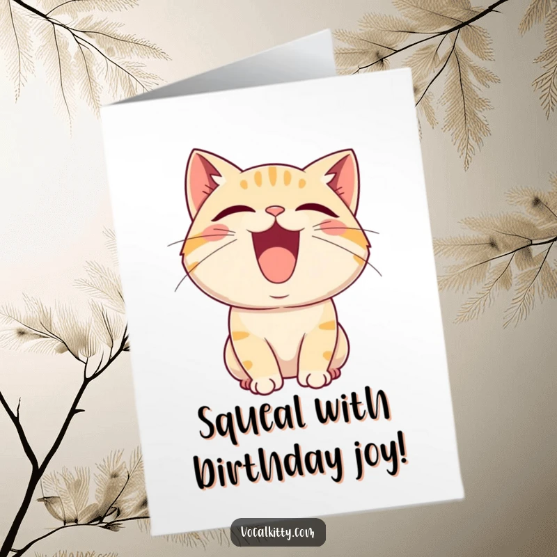 Free Printable Birthday Card: A cat with mouth agape, letting out a high-pitched joyful squeal, a hilarious digital download.