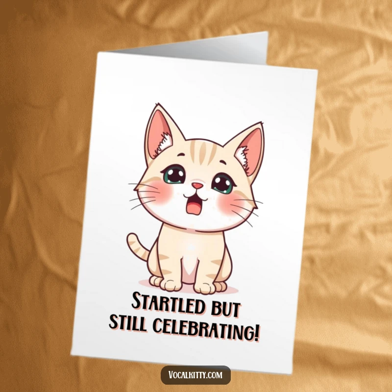 Funny Free Printable Birthday Card: A cat startled by a loud noise, ears perked high, looking comically surprised on a birthday.