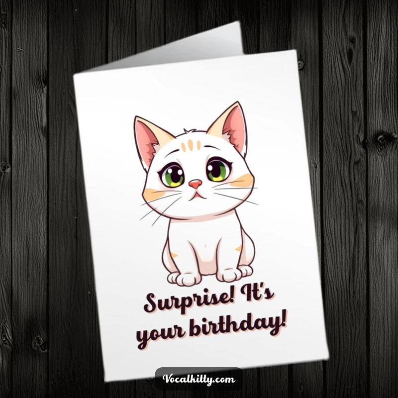 Funny Free Printable Birthday Card of a cat with comically huge ears reacting with shock to loud birthday noises.