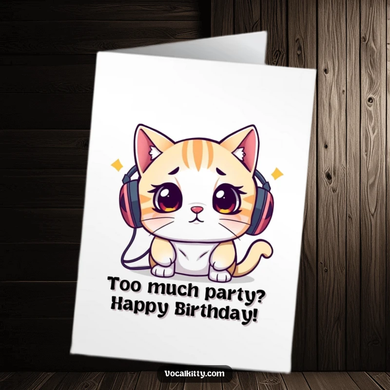 Funny Free Printable Birthday Card: Cat with speakers on head looks stressed, a humorous take on birthday overload.