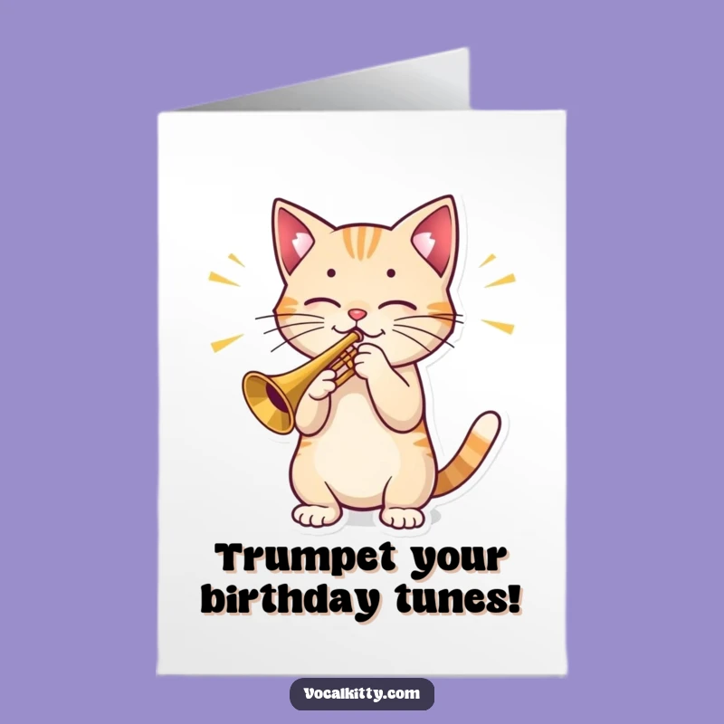 Free Printable Cat Birthday Card: Trumpet Fanfare Funny Downloadable Gift