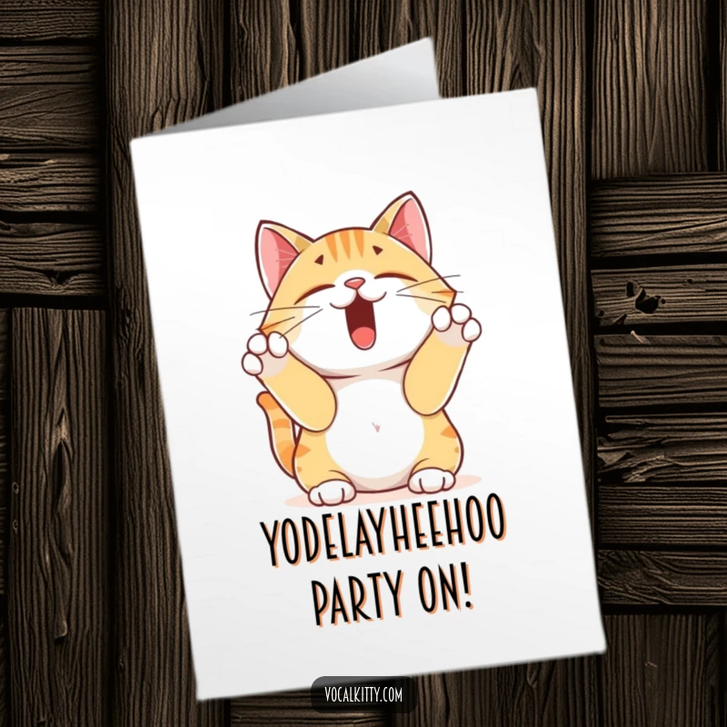 Funny Free Printable Birthday Card featuring a yodeling cat covering its ears with its paws in a comical, loud fashion.