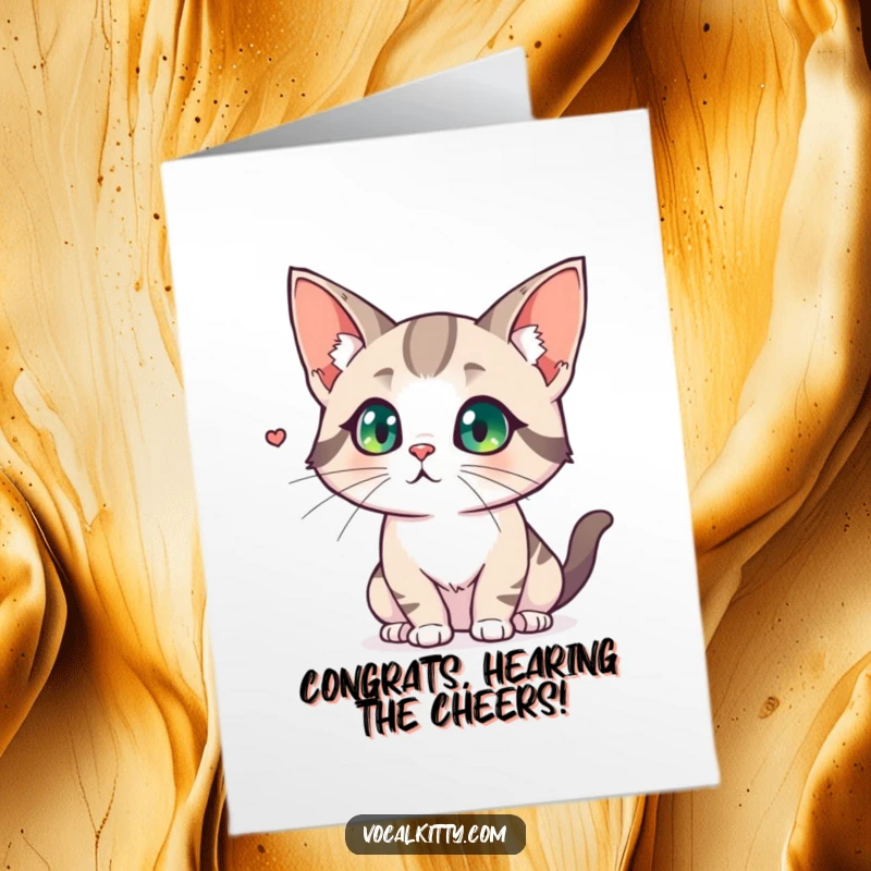 Funny Free Printable Congratulations Card: Cat with giant flared ears intently listening. An alert downloadable gift.
