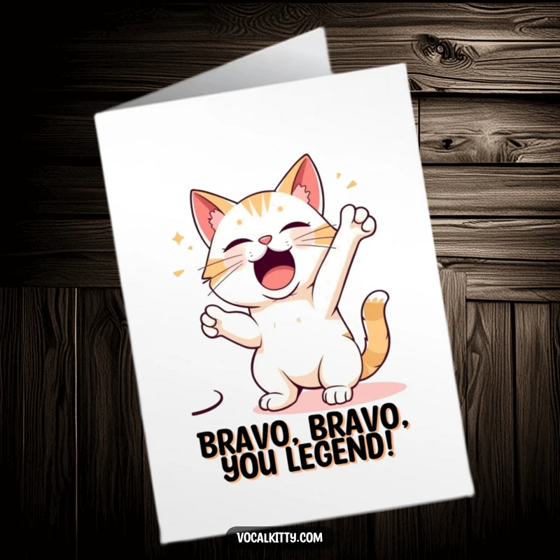 Free Printable Congratulations Card: A cat striking a dramatic singing pose, belting out a tune, a theatrical digital download.