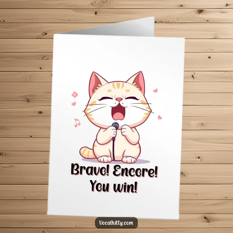 Funny Free Printable Congratulations Card with a cat character belting out opera with immense dramatic flair and theatrical gestures.
