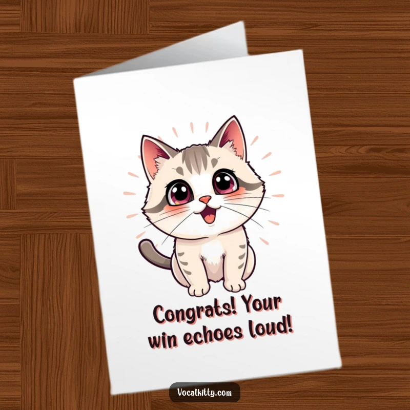 Funny free printable congratulations card: An overjoyed cat's face with concentric echo circles radiating outward, celebrating a big win.