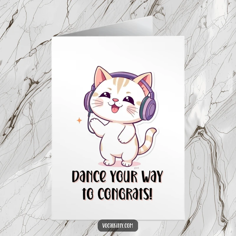 Funny Free Printable Congratulations Card featuring a cat character wearing large headphones and happily bouncing to loud music.