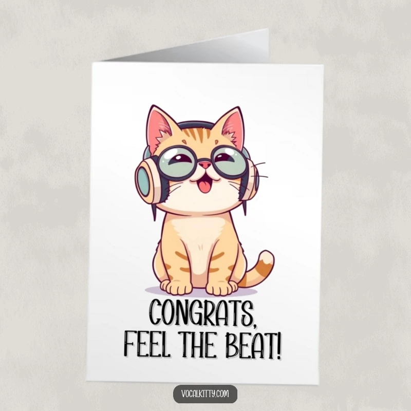 Funny Free Printable Congratulations Card: Cat with large headphones enthusiastically bobbing head. A musical downloadable gift.
