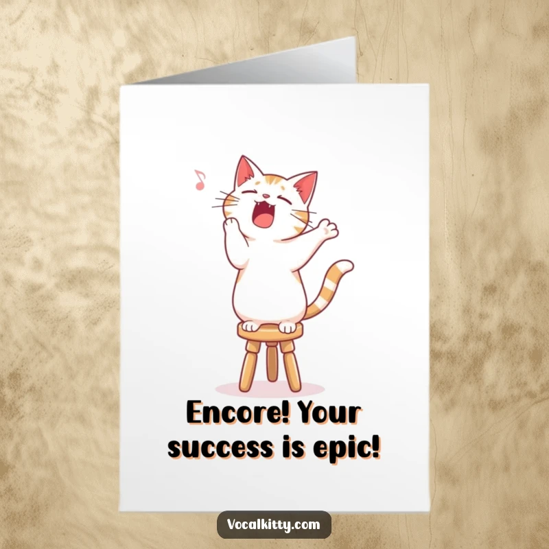 Funny Free Printable Congratulations Card: A cat on a stool singing its heart out, perfectly capturing a moment of triumphant celebration.