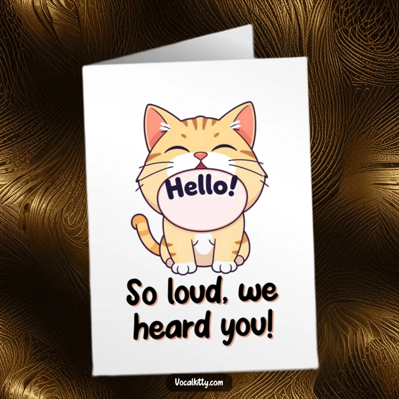 Funny Free Printable congratulations card featuring a cat shouting 'Hello!' with an enormous, oval-shaped mouth, conveying immense joy.