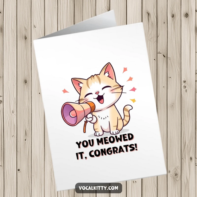 Funny Free Printable Congratulations Card featuring a cat loudly announcing success with a megaphone and vibrant sound waves.