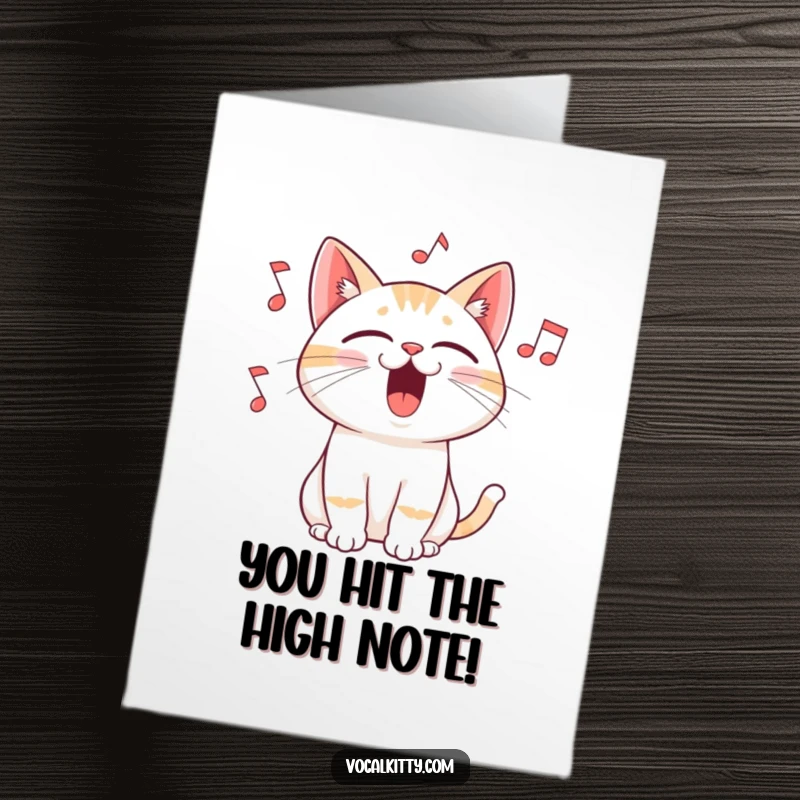 Funny Free Printable Congratulations Card of a cat singing triumphantly, with musical notes flying out to signify applause.